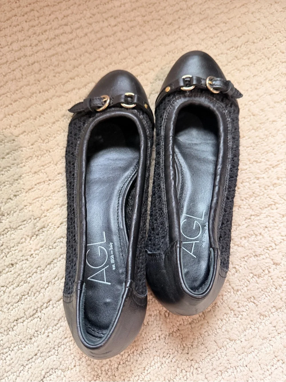 AGL Black Crochet & Leather Ballet Flats with Gold-Tone Buckle Sz. 38.5